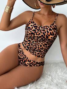 SHEIN Swim 豹纹可调节肩带性感女士背心吊带比基尼套装，夏季 - 咖啡棕 - 查看 4