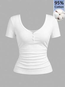 SHEIN Slayr 女士95%棉白色V领短袖侧褶修身T恤 - 休闲百搭的夏季秋季基础款上衣，完美适用于日常穿着、旅行、返校、毕业典礼、派对、早午餐、机场造型以及各种搭配。 - 彩色 - 查看 2