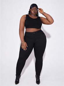 CurvyTilda Plus High Waist Skinny Solid Pants, For Women Spring Summer, For Hourglass Body Shape - Black - View 5