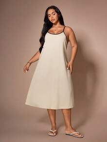 SHEIN Set de 2 piezas Bata de manga larga con diseño de tirantes de contraste + Camisón de talla grande - Albaricoque - Ver 4