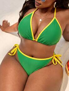 SHEIN Slayr CURVE Plus Size Women's Contrast Color Halter Bikini Set, Printed, Separate Pieces - Multicolor - View 4
