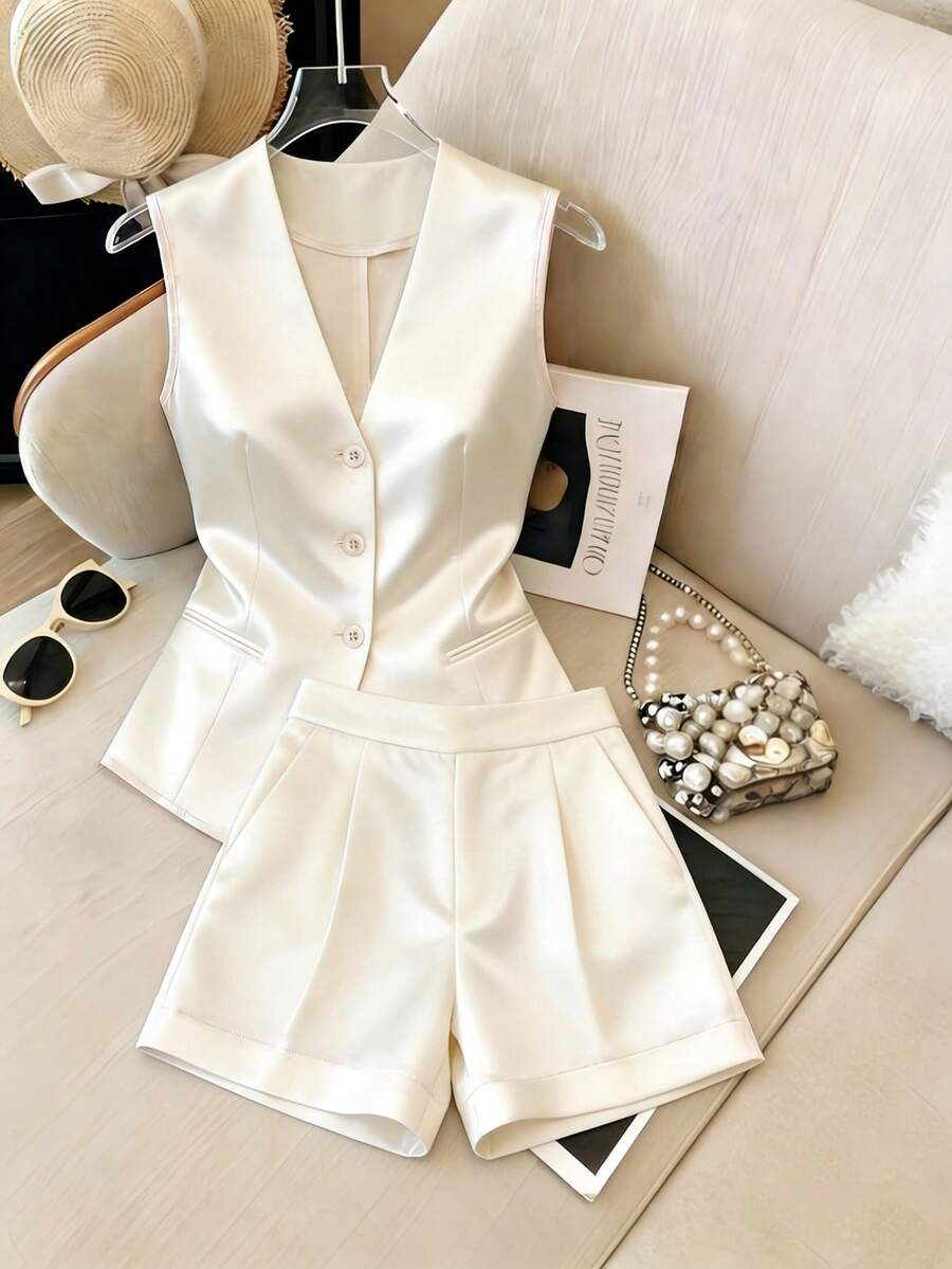 SHEIN Franclia Bộ đồ nữ thanh lịch gồm áo vest cổ chữ V và quần short bằng vải satin Pháp. - Màu be - Xem 1