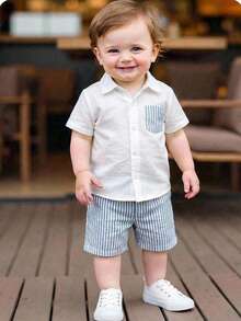 2pcs/Set Baby Boy Contrast Color Striped Decor Pocket Front Collar Short Sleeve Shirt & Shorts Set - Blue - View 7