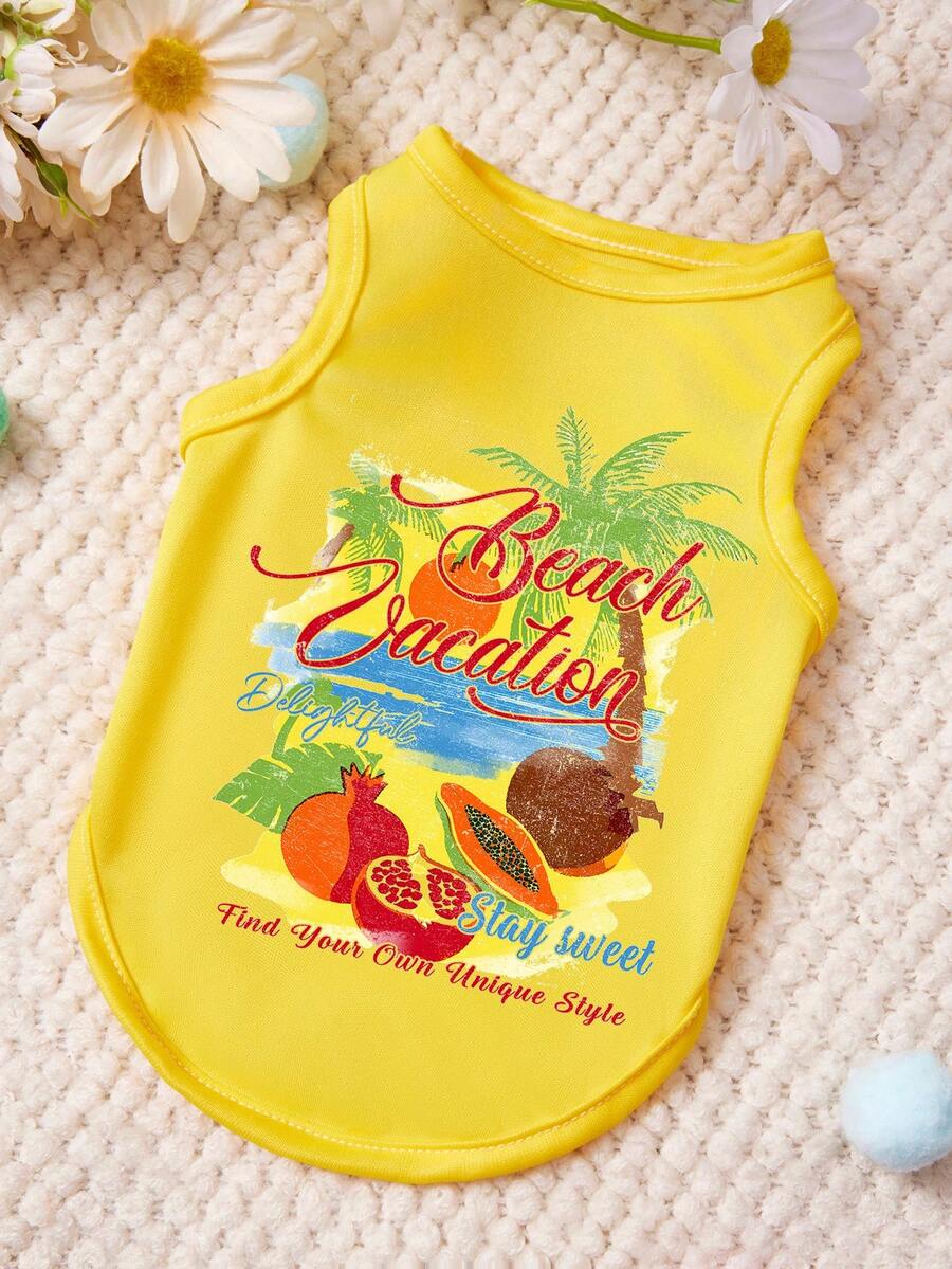 1件沙滩水果字母印花宠物背心，休闲风格，柔软透气，黄色 - 黃色 - 查看 1