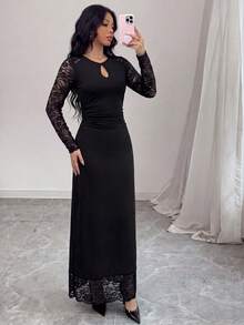 Modelyn Pastal Lace Sleeve Keyhole Maxi Dress Round Neck With Keyhole Cutout Sleek Sophisticated Formal Style Elegant Sexy Dresses For Women Date Nights Golf - Black - View 6