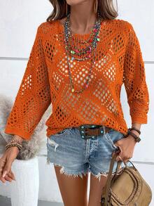 Breezaya Women's Solid Color Round Neck Hollow Casual Versatile Daily Wear Sweater Summer Casual Beach Cover-Up Open Knit Top Crochet Top - Burnt Orange - View 4