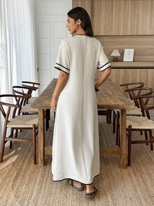 Louniche petite فستان قصير بأكمام قصيرة وياقة على شكل V مع تريم متباين وعقدة مجدولة، فستان عطلة بوهيمي من قماش الكتان الصناعي - لون مشمشي - مشاهدة 2