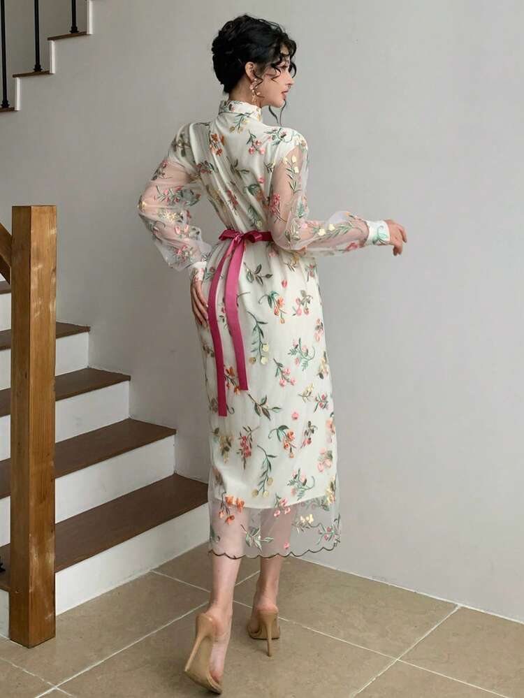 Women's Elegant Floral Print Shirt Dress With Belt, Mid-Length, Spring/Summer Boho