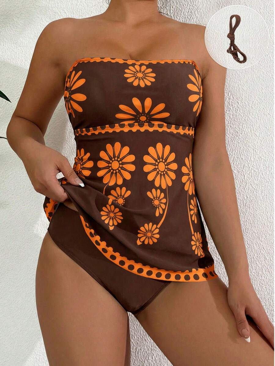 SHEIN Swim 2pcs Women's High Elasticity Green Floral Print Bikini Set, Includes Floral Print Bandeau Top And Solid Color Triangle Bottom, Elegant Bikini Set For Spring/Summer Beach Party - Multicolor - View 1