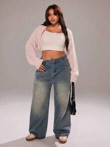Plus Size Women's Spring/Autumn Casual Vacation & Commute Solid Color Batwing Sleeve Cropped Lightweight Cardigan - Baby Pink - View 3
