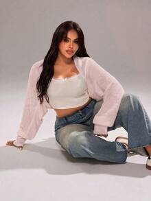 Plus Size Women's Spring/Autumn Casual Vacation & Commute Solid Color Batwing Sleeve Cropped Lightweight Cardigan - Baby Pink - View 4