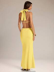 SHEIN BAE Vestido de fiesta de vacaciones sin espalda con cuello halter de color azul sólido para mujer, vestido de vacaciones, vestido azul, vestido elegante y sexy - Amarillo - Ver 2