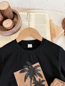 SHEIN Little Byeori 2pcs/Set Young Boy Casual Vacation Print Short Sleeve T-Shirt And Shorts, Suitable For Summer - Black - View 4