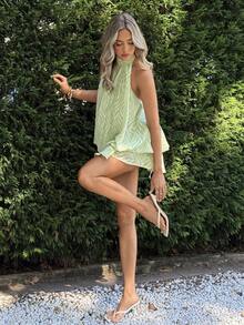 Aloruh 女款優雅休閒Y2K風度假洋裝，提花綠白配色迷你洋裝，通勤辦公室海灘花園派對婚禮早午餐洋裝，女款早午餐穿搭，女款演唱會穿搭，夏季度假穿搭，鄉村風時尚洋裝，生日洋裝，女款夏季洋裝 - 綠色 - 查看 5
