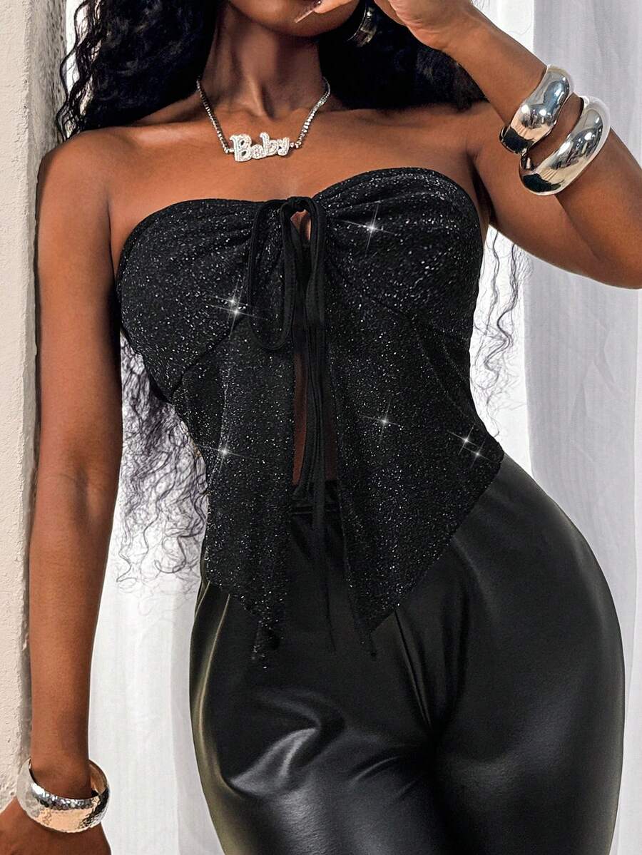 Glyssa 女士时尚休闲亮片抹胸系带紧身性感网纱上衣 - 黑色 - 查看 1