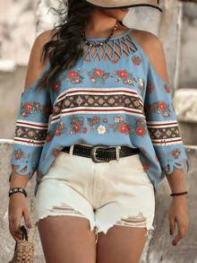 Breezaya Plus Size Laser Cut Hollow Out Off Shoulder Digital Print Elegant Casual Vacation Blouse - Dusty Blue - View 3