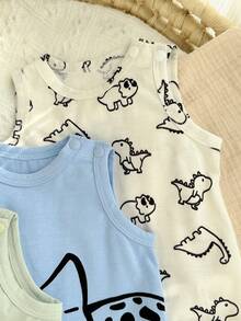 3件套新生男宝宝可爱夏季针织卡通恐龙图案无袖连体衣套装 - 彩色 - 查看 6