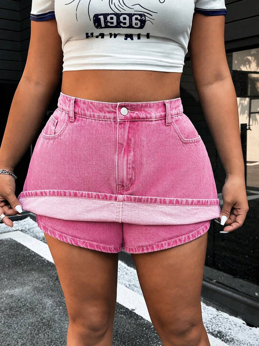 SHEIN ICON Plus Size Women Pocketed Button Casual Versatile Daily Wear Denim Skorts - Pink - View 1