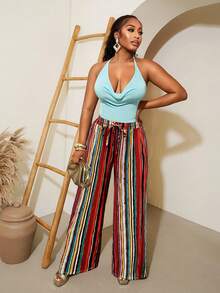 SHEIN VaVaLuxe Vibrant Multi-Stripe Drawstring Waist Wide-Leg Pants - Perfect For Vacation & Summer Outings - Yellow - View 5