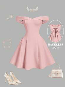 SHEIN MOD Women's Solid Color Bowknot Backless Off-Shoulder Mini Dress - Pink - View 4