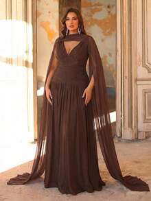 Aureia Plus Size Elegant Shiny Mesh V-Neck Ruched A-Line Dress With Detachable Neck Strap,Brown Winter Dinner Evening Luxury Gowns For Women Wedding Party - Brown - View 8