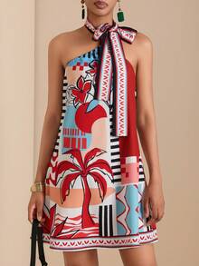 Vesra Women's Halter Neck Printed Short Dress - Red - View 4