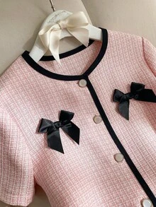 Elladie kids 1 pieza Vestido de cárdigan de manga corta con cordón, cuello y dobladillo negro, decoración de lazo, estilo sencillo, casual, holgado y dulce de estilo universitario, nuevo para niñas en verano 2026, en tela rosa - Rosa - Ver 8