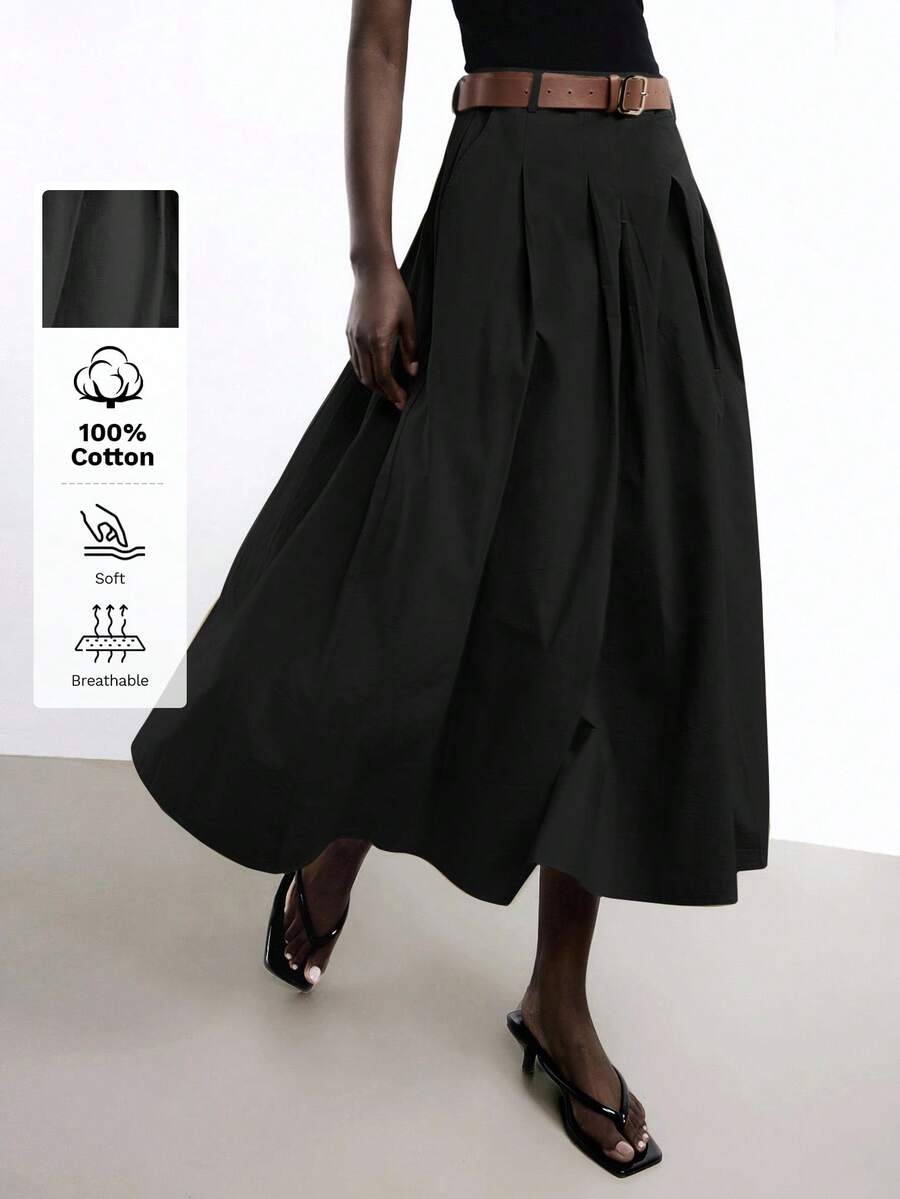Maija Nueva falda A-line de primavera/verano con bolsillos laterales plisados, cinturón de metal de piel de PU desmontable, elegante para la oficina - Negro - Ver 1