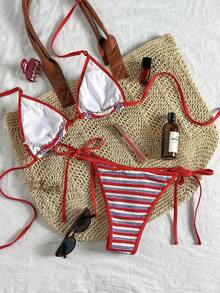 SHEIN Swim Mod 2026春夏甜美性感复古三角比基尼，系带小胸高端红蓝条纹性感分体泳衣 - 彩色 - 查看 8