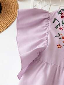 SHEIN LUNE 优雅通勤休闲女装，畅销花卉图案，百搭舒适V领荷叶袖中长连衣裙，白色，大码，适合春、夏、秋季穿着。 - 淡紫色 - 查看 3