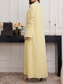 Al Najma Beaded Collar Floral Decor Contrast Trim Notched Neck Long Sleeve Dress - Yellow - View 10