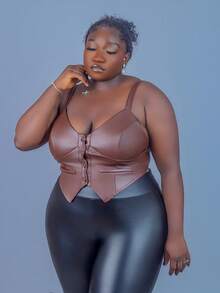 CurvyTilda Plus Size Brown PU Leather Minimalist Fitted Top, For Hourglass Body Shape, For Summer - Brown - View 4