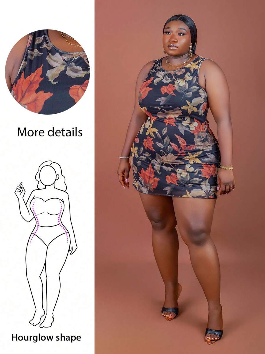 CurvyTilda 加大码无袖船领枫叶印花网眼罩层连衣裙,适合夏季、毕业典礼、返校、暑假,也适合秋季 - 彩色 - 查看 1