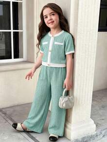 SHEIN 两件套少女休闲正式优雅返校套装，绿白撞色金属纽扣上衣搭配直筒撞色长裤，返校季少女装 - 綠色 - 查看 8