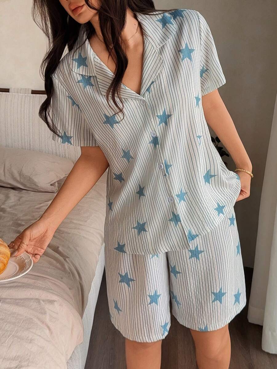 Napfluff Casual Star & Stripe Print Lapel Cardigan Pajama Set For Women - Blue - View 1