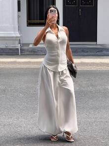 Slaydiva Summer New Loose Wide Leg Lantern Pants, Harem Pants, White Women's Long Pants Boho White Flowy Pants - White - View 5