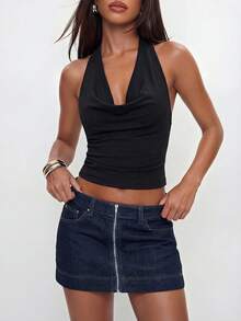 Avantive 女士极简设计系带修身牛仔裙 - 深色水洗藍 - 查看 5