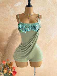 Soleia Novo Casual de Primavera/Verão Roupa de Convidado para Casamento na Praia Ocidental, Formatura, Almoço de Páscoa, Dia de São Patrício, Férias de Primavera, Festival de Música, Elegante Boho Tropical Sem Costas, Decoração de Lantejoulas e Metal, Babado na Barra, Macaquinho, Adequado para Festa, Dia dos Namorados, Encontro - Verde - Visão 4