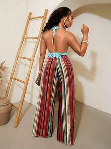 SHEIN VaVaLuxe Vibrant Multi-Stripe Drawstring Waist Wide-Leg Pants - Perfect For Vacation & Summer Outings - Yellow - View 2