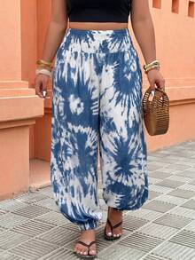 Weeklong Plus Size Women's Elastic Waist Lantern Pants, Casual Holiday Trousers, Fashionable Floral Print, Suitable For Summer Wear - Multicolor - View 1