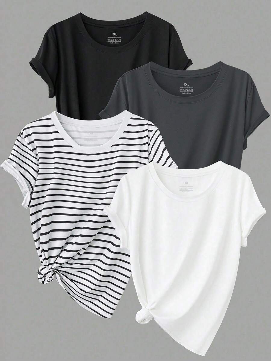 EMERY ROSE Plus Size 4pcs Women's Casual Solid Color Crew Neck Short Sleeve T-Shirts Summer - Multicolor - View 1