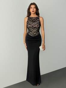 SHEIN Tall 女士黑色无袖蕾丝针织拼接优雅美人鱼连衣裙，婚礼宾客礼服，伴娘礼服 - 黑色 - 查看 4