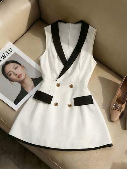 GlowEve Sleeveless White & Black Color Block Cross V-Neck Suit Collar A-Line Short Dress, Casual Daily Streetwear & Office Commute Fashion Women's Dress For Spring And Summer
