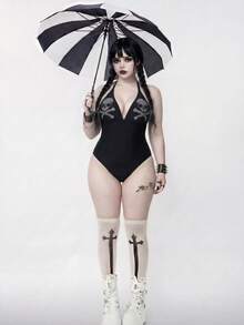 ROMWE Goth 2026 New Rhinestone Embellished Dark Style Plus Size One-Piece Swimsuit, Summer - Black - View 7