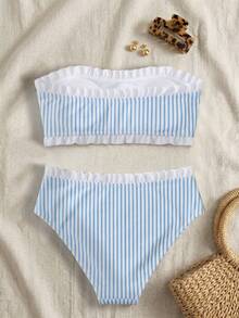 SHEIN Swim Conjunto de 2 piezas de top con cuello fruncido y estampado de rayas y shorts con cintura con volantes para vacaciones de primavera/verano en la playa - Multicolor - Ver 7
