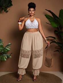 Maweii Plus Size Women Lace Patchwork Lantern Pants - Apricot - View 5