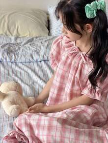 DAZY Girls' Plaid Short Sleeve Long Dress Sleepwear, Loose Lightweight Summer Pajamas, Plus Size - Pink - View 7