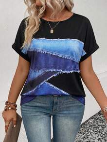 Selamara Áo thun nữ cỡ lớn, kiểu dáng mới về mùa xuân/hè, chất liệu giả denim phối họa tiết, cổ tròn, tay ngắn, phong cách thường ngày, đa năng. - Nhiều màu - Xem 6