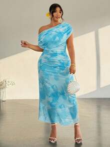 Firerie Vestido largo de verano con estampado completo, ajustado, con hombro asimétrico y de moda, talla grande - Azul - Ver 4