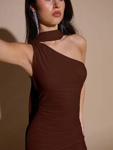 Vestido de malla ajustado con drapeado asimétrico, elegante y sexy vestido de gala para fiesta, boda, cumpleaños, Navidad, Halloween - Amarillo claro - Café integral - Ver 7